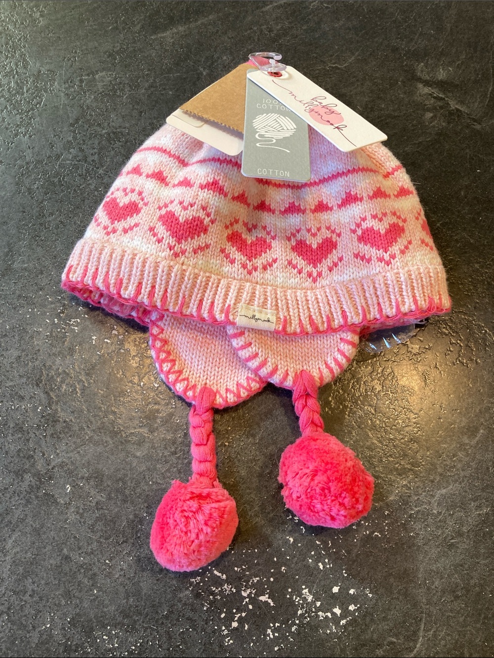 Girls Millymook Peru Lauren Pink hearts winter hat size 12-24 months - NWT